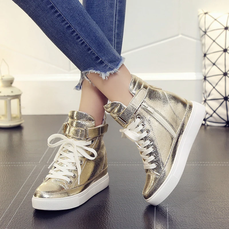 

Women Casual Sneakers Autumn High Top Women Shoes Fashion Increase Ankle Shoes Flats Breathable Women Sneakers Golden LM-08