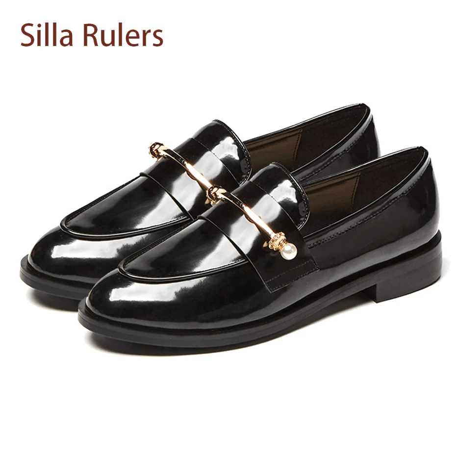 

Silla Rulers 2018 spring comfort all match genuine leather women shoes pearl metal slip on low heel leisure style single shoes