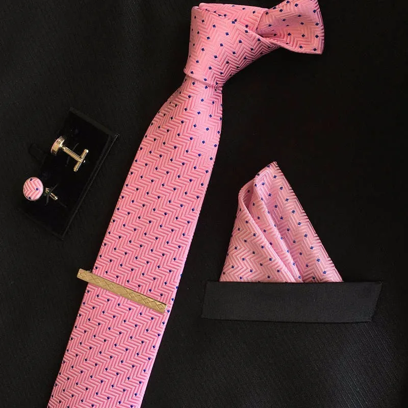 Высокое качество Мужские шелковые галстуки 8 см галстук и запонки и зажим для галстука+ носовые платки с 4 комплектами gravatas жаккард полосатый Свадебный Лот