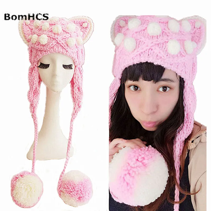 BomHCS розовая Милая шапка с кошачьими ушками женская зимняя теплая вязаная шапка ручной работы