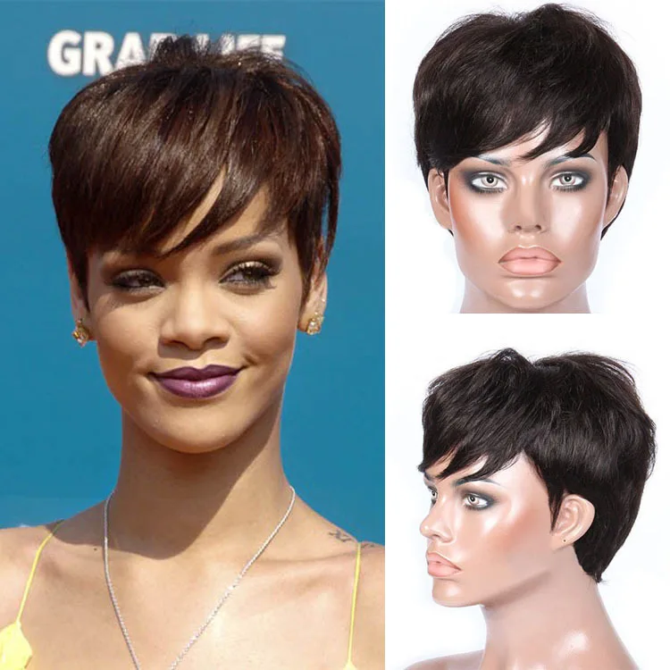 Rihanna Wig Black Human Brazilian Hair Wig Short Pixie Cut Wigs