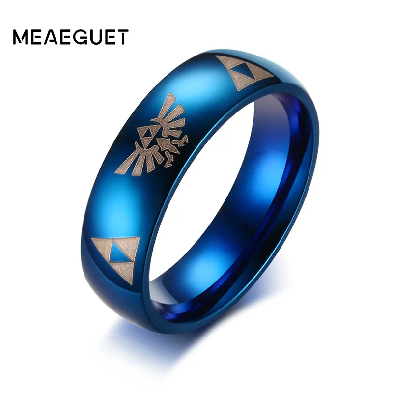 

Meaeguet 6mm Wide Trendy Blue Anime Jewelry Legend of Zelda Ring For Men Women Stainless Steel Party Ring