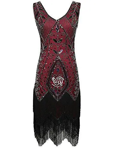 Women's 1920s Dress Cocktail Flapper Fringe Beaded Great Gatsby Dress Burgundy,