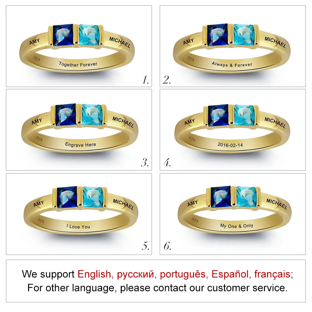 Personalized Ring 925 Sterling Silver Classic Gold Color Blue CZ Ring Only Engrave Best Valentine's Day Gift (JewelOra RI101800)