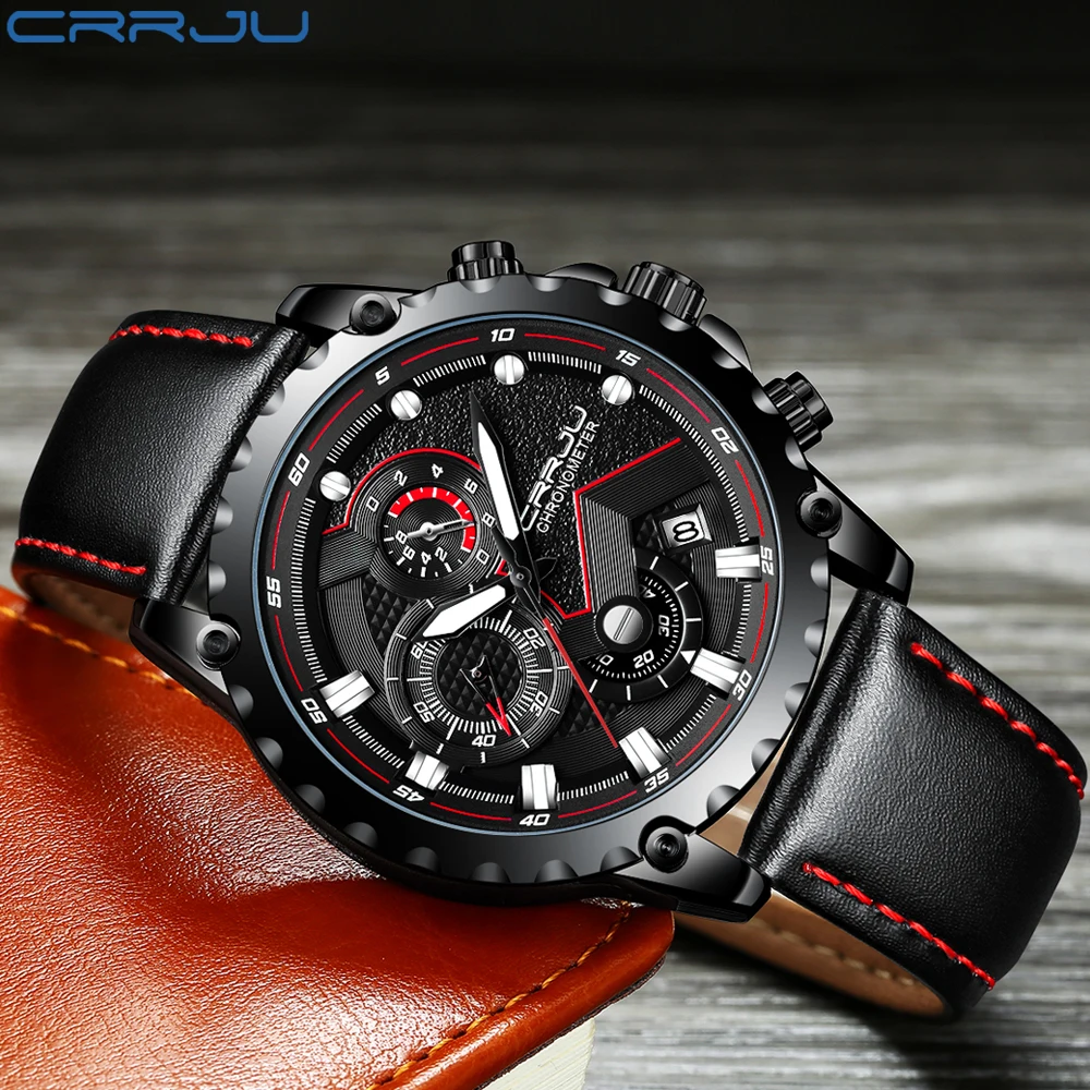  CRRJU Mens Watches Top Brand Luxury Quartz Black Watch Men Casual Leather Military Waterproof Sport