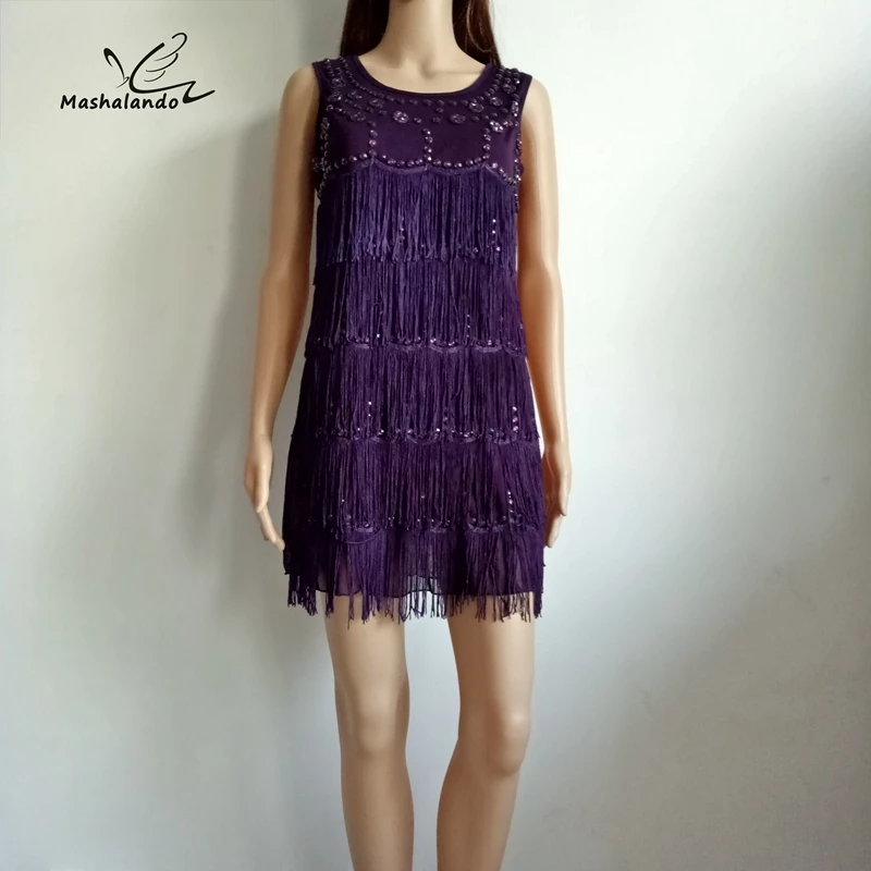 

Summer Women Black Sexy Tassel Party Dress 1920s Vintage Flapper Beading Fringe Glamour Great Gatsby Charleston Dresses Purple