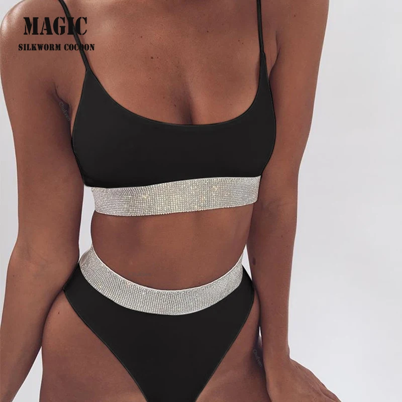 

Sequin Bikini 2018 Sexy Solid High Waist Bikini Set Swimwear Women Swimsuit Brazilian Halter Beach wear Bathing Suits Black S-L