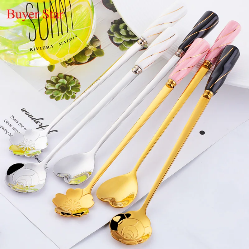 

4pcs/set Stainless Steel Coffee Spoon with Ceramic Handle Long Flower Design Tea Dessert Spoon Mixing Stirring Spoon Tableware