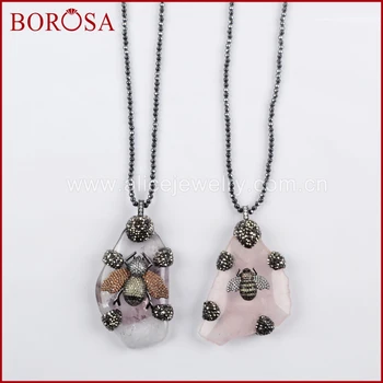 

BOROSA 2PCS 30inch Natural Freeform Pink Quartz Necklace with pave cz Insect Bee Pendant Hematite Stone Bead Necklace JAB870