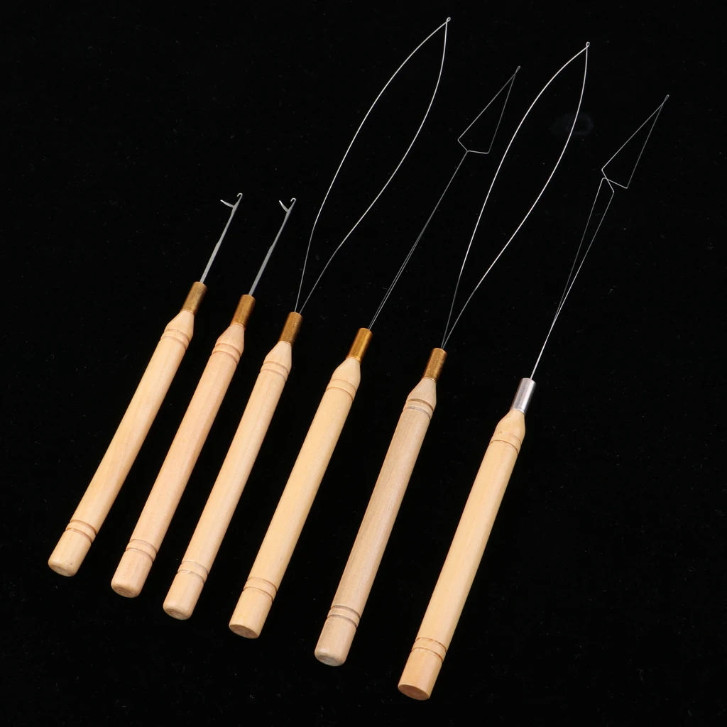 6Pcs/Set Wooden Hair Extensions Loop Needle Threader Wire Pulling Hook Tool for Beads