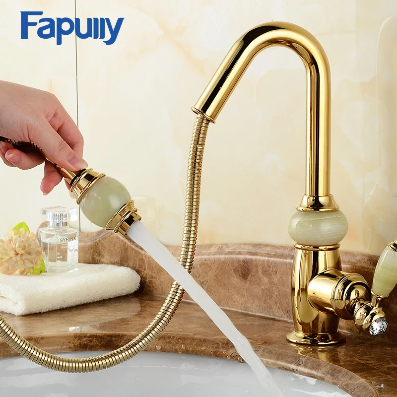 

Fapully Gold Bathroom Faucet Single Handle Basin Pull Out Sink Faucets Water Mixer Tap Double Color Jade Handle Deck Mounted