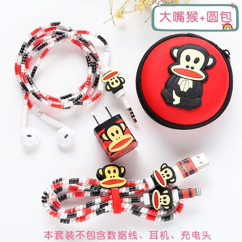 For iphone 8 7 6 5 Earphone Case Bags Cartoon USB Cable Earphone Protector Set With Cable Winder Stickers Spiral Cord Protector