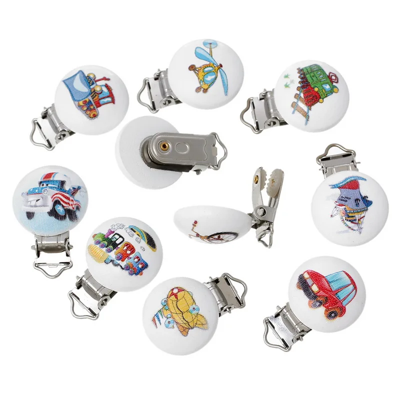 

LF 5Pcs Transportation Wooden Metal Baby Pacifier Clips Solid Color Cute Infant Soother Clasps Holders Accessories Diy Tool
