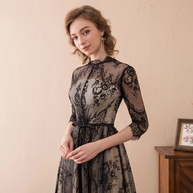В наличии кружева О образным вырезом три четверти Vestido de festa Longo праздничное