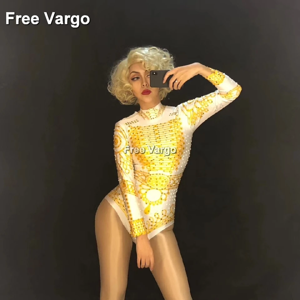 Hologram Yellow Rhinestones Jumpsuit Cosplay Drag Queen Costumes Burning Man Women Party Dance Showgirl Singer Outfit Bodysuit