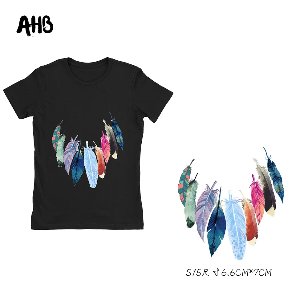 

AHB Colorful Feather Ironing Stickers Unicorn Pyrograph Iron-On Transfers PVC Patch Heat Transfer Vinyl For Clothes Wholesale