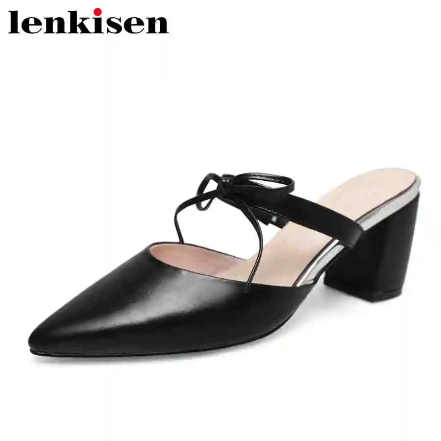 

Lenkisen full grain leather movie star large size pointed toe high heels slip on knot tie mules nightclub cozy women sandals L62