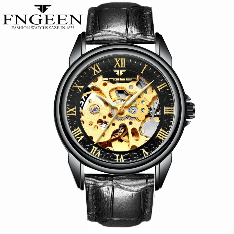 Автоматические механические часы для мужчин, мужские часы, золотые модные часы со скелетом, Лидирующий бренд Fngeen, наручные часы, Relogio Masculino - Цвет: man leather 1
