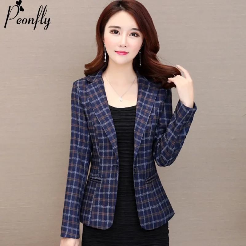 

PEONFLY Fashion New Women Vintage Long Sleeve Plaid Blazers Jacket Female Single Button Pockets Elegant Slim Coat Autumn Winter