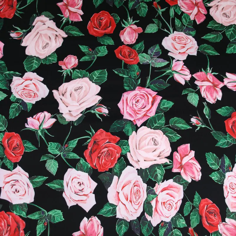 

smoothly silk satin fabric,black color rose print polyester satin fabric tissu au metre for pajamas women dress sewing cloth