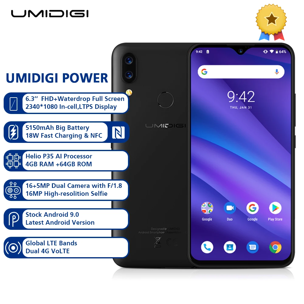Original UMIDIGI POWER 4G Smartphone Phablet 6.3Inch Android 9.0 Octa Core 4GB RAM 64GB ROM 16.0MP Front Camera Mobile CellPhone