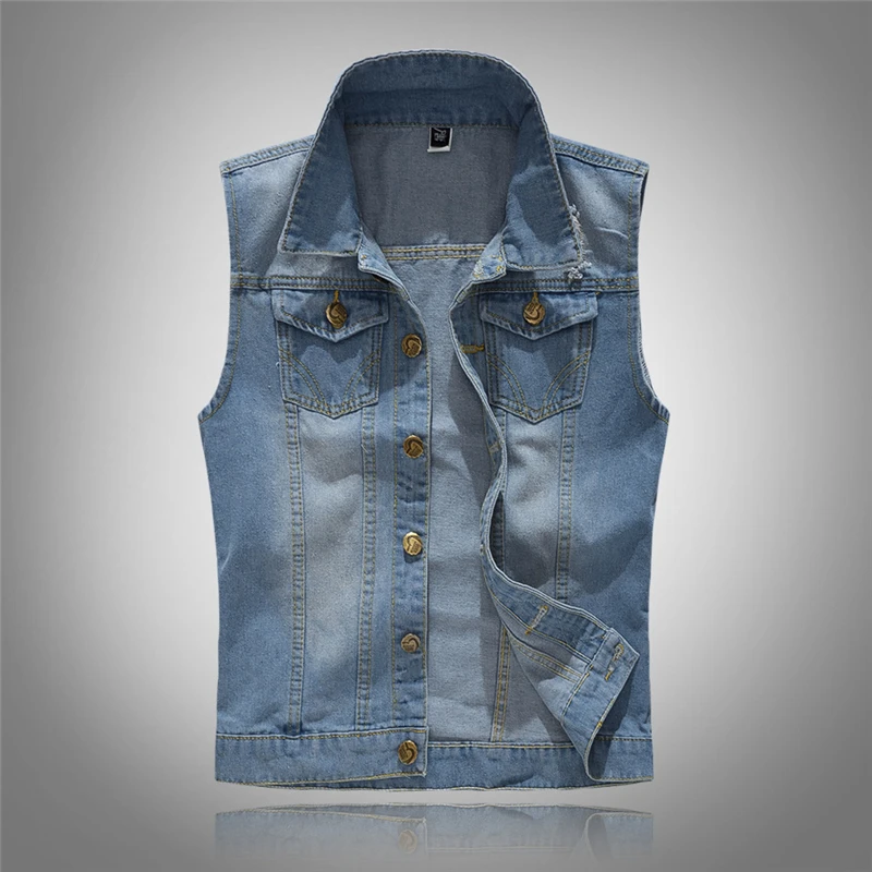 

2019 Men's Sleeveless cotton Denim Vest Male fashion Spring Autumn 80s Vintage Jackets Hole Jeans Brand top Waistcoat 6XL