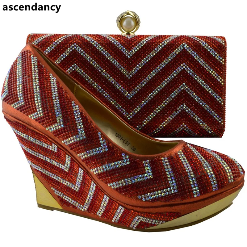 

New Orange African Women Matching Italian Shoe and Bag Set Decorated with Diamonds African Women Shoes Bag Nigerian Shoe and Bag