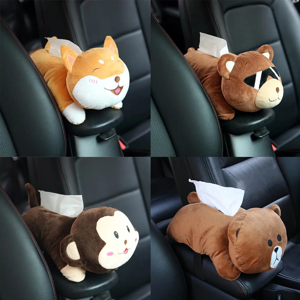 

Cartoon Plush Armrest Car Tissue Paper Box Cute Auto Seat Back Hanging Paper Tower Storage Box Napkin Container Home