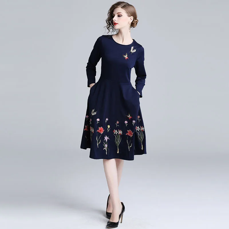 Высокое качество женское синее вечернее платье vestidos Европейская станция вышивка