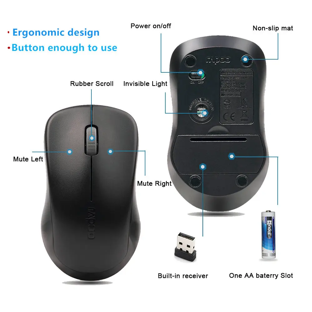 Rapoo1680 Бесшумная Беспроводная оптическая мышь для ноутбука USB Кнопка отключения