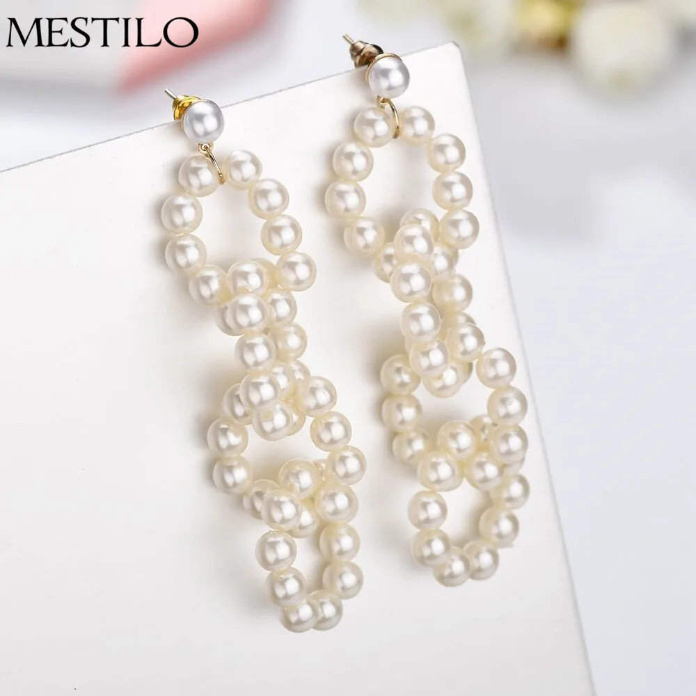

MESTILO Romantic Wedding Bridal Earrings Geometric 4 Circle Imitation Pearls Tassel Long Dangle Earrings For Women Korean Bijoux