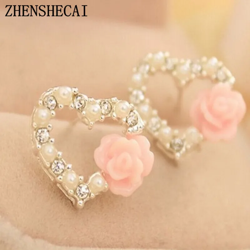 

2017 new hot crystal heart earring gold sliver color flower decoration stud earring for women girl jewelry gift party e0356