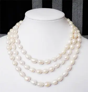 

Charming 9-10MM white Freshwater Cultured Rice Pearl Necklace 50" White Quartz Crystal Women Wedding fshipping
