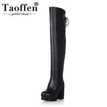 

TAOFFEN Winter Warm Over Knee Boots Women Platform Square High Heels Shoes Woman Lace Up Black Thigh High Boots Size 33-42