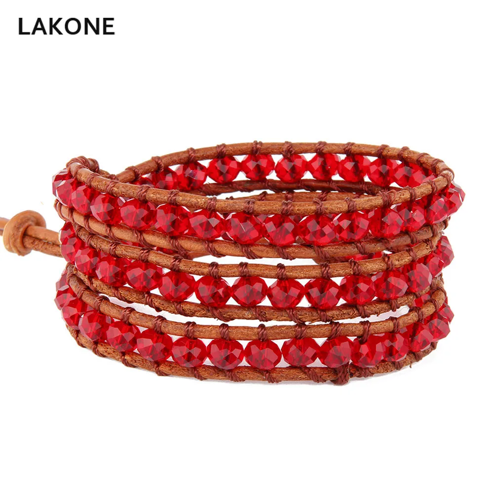

LAKONE Leather Wrap Bracelet 3 Times Beaded Bracelets Boho Adjustable Faced Crystal Beads Fashion Handmade Jewelry Men Women
