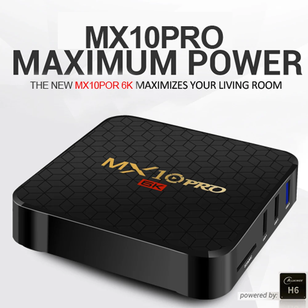 

MX10 PRO TV Box Android 9.0 Allwinner H6 UHD 4K TV BOX Media Player 6K Image Decoding 4GB/64GB 2.4G WiFi 100M LAN USB3.0