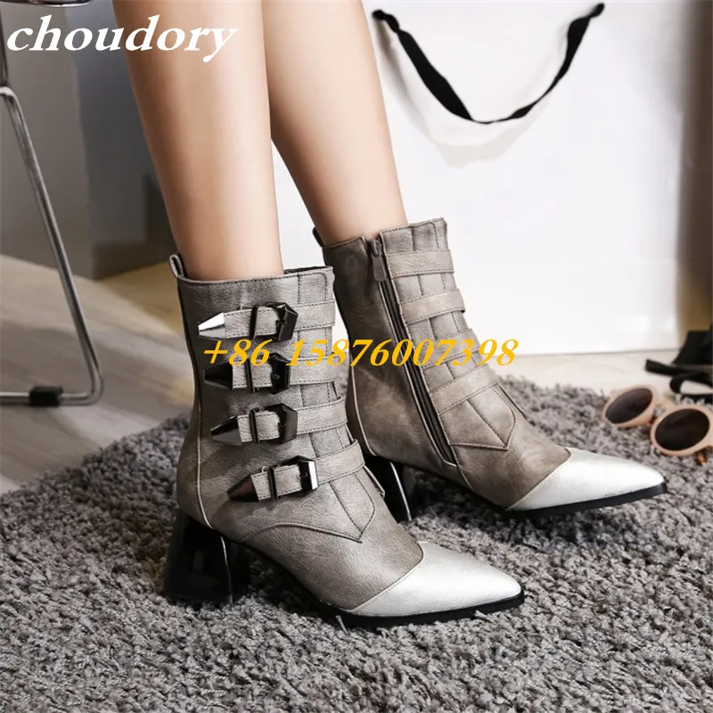 Choudory/Женские ботильоны обувь заостренный носок с металлической пряжкой кожаный