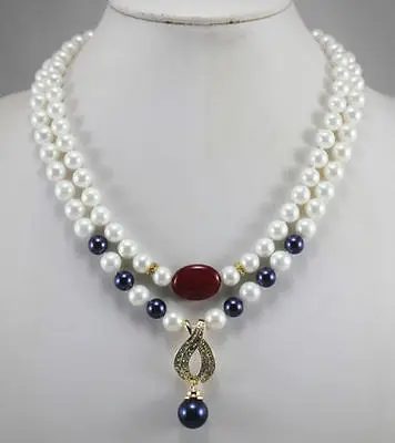 

2 Rows 8mm White & Dark Blue Shell Pearl+14mm Crystal Plated Pendant Necklace