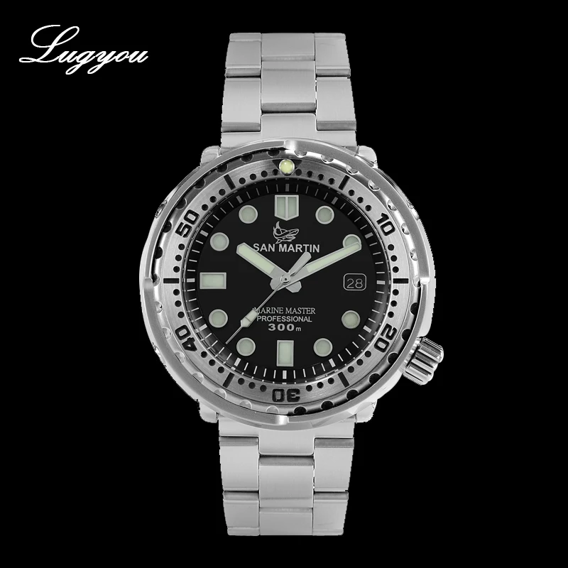 

LUGYOU San Martin TUNA Automatic Men's Diving Watch Stainless Steel 30Bar NH36 Black Dial Date Display Metal Bracelet Super Glow