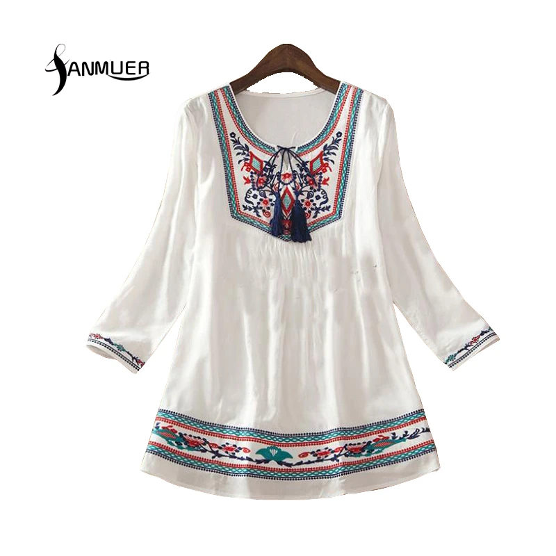 womens tops and blouses 2018 Embroidery boho loose blouse o neck causal