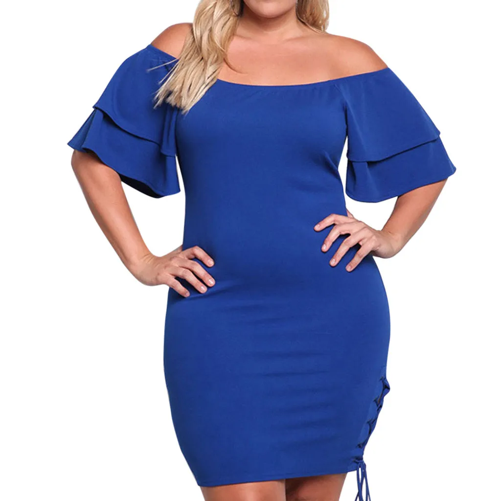 

Women 2019 Summer Sexy Casual Plus Size Solid Off Shoulder Hollow Out Dresses Lady Elegant Party Night Sundress z0506