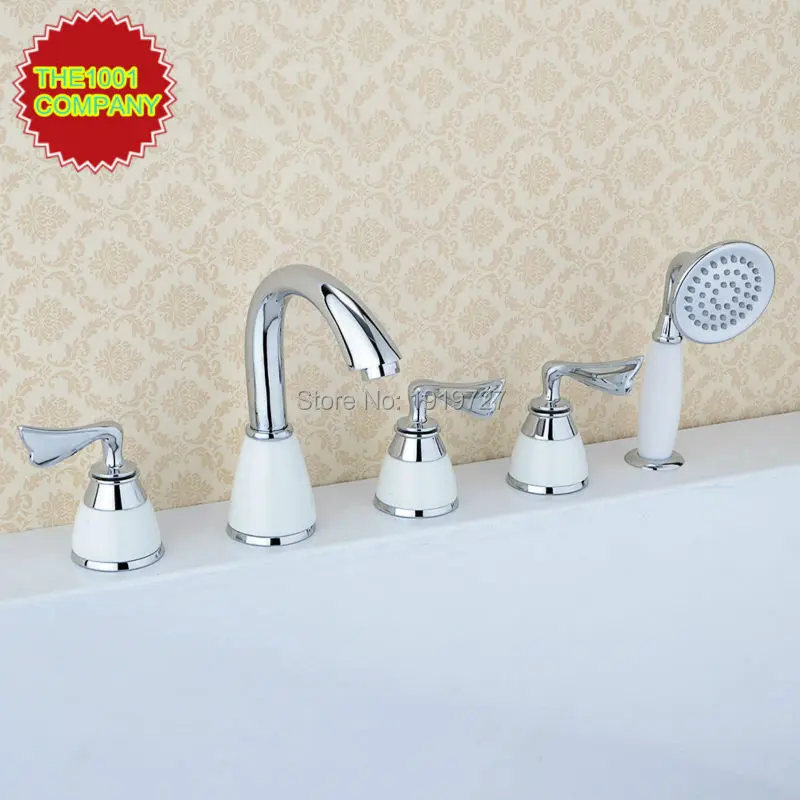 

Three Handles Curve Spout Bar Faucet Widespread Roman Tub Bathtub Mixer Taps Lavatory Plumbing Fixtures with Shower Arm Ceramic