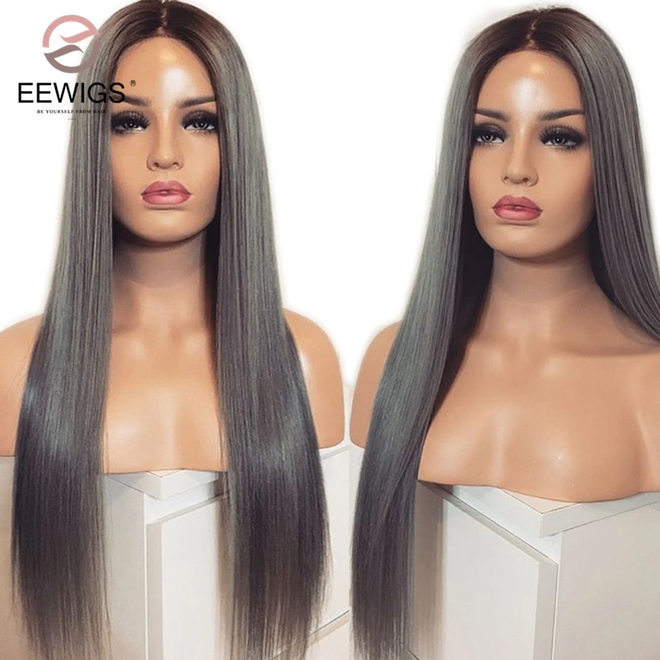 

EEWIGS 180 Density Cosplay Wig Heat Resistant Hair Straight Synthetic Lace Front Wig Glueless Grey Ombre Wigs For Black Women
