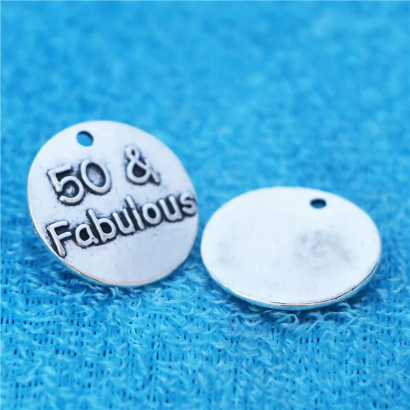 

10pcs 25MM 50 & fabulous tibetan silver plated word charms antique round tag message pendants for bracelet diy jewelry vintage