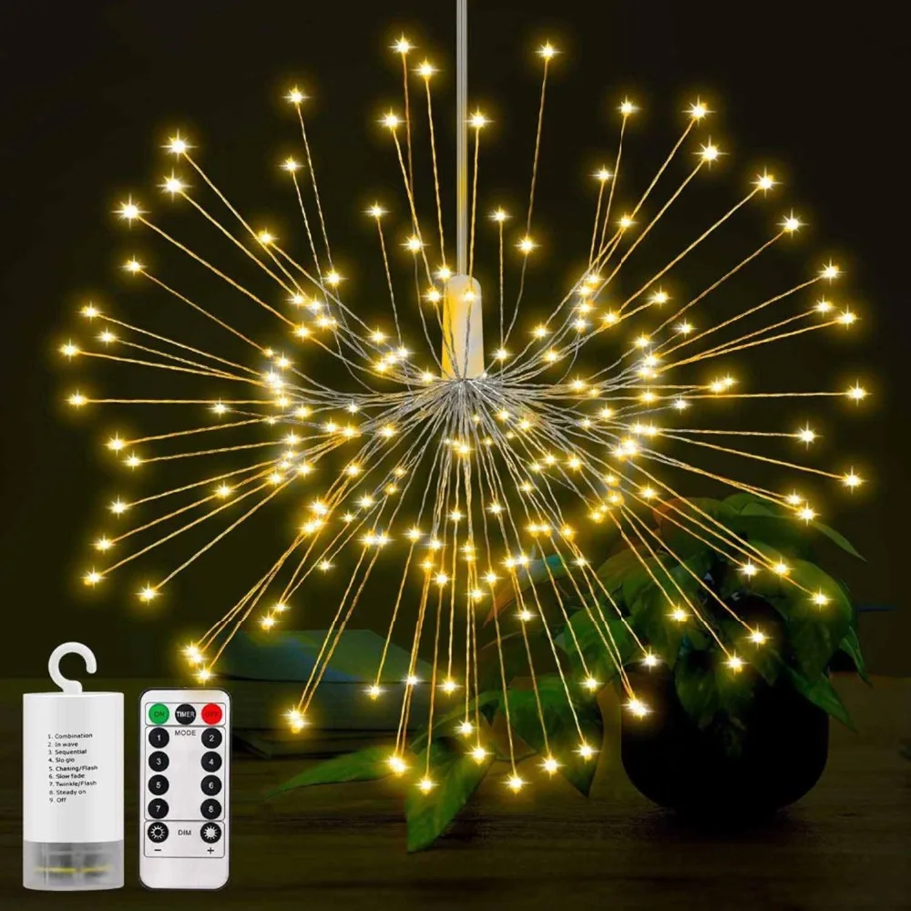 

LED String Lights Battery Operated Hanging Starburst Lights with 120LEDS 8 Modes Dimmable with Remote Control IP65 Waterproof