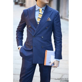 

New Style Navy Blue Double Breasted Formal Men Suit Slim Fit Skinny Tuxedos 2 Piece Custom Simple Blazer Vestidos (Jacket+Pants)