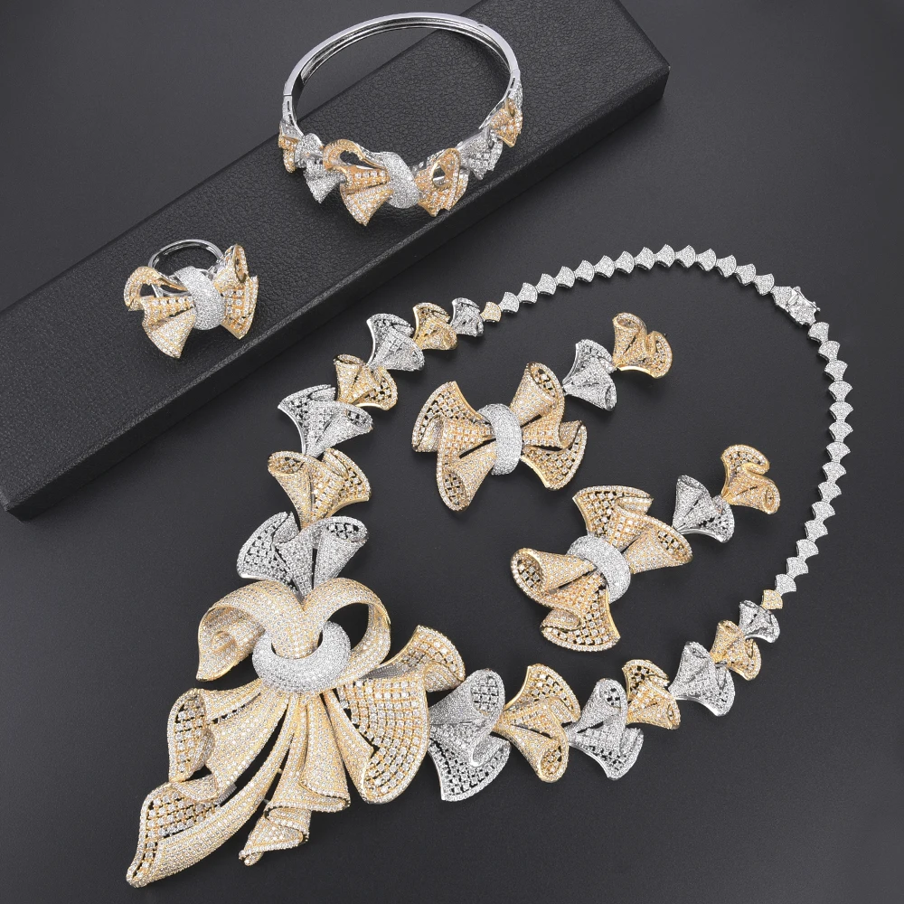 

Luxury Bowknot Cubic Zirconia Indian african jewelry set Necklace Earrings Bangle Ring dubai jewelry sets For Women Wedding