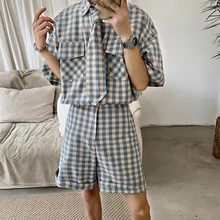 Новая Корейская версия маленького свежего весеннего и летнего квадратной сетки красного цвета, чтобы отправить галстук мужской повседневный костюм