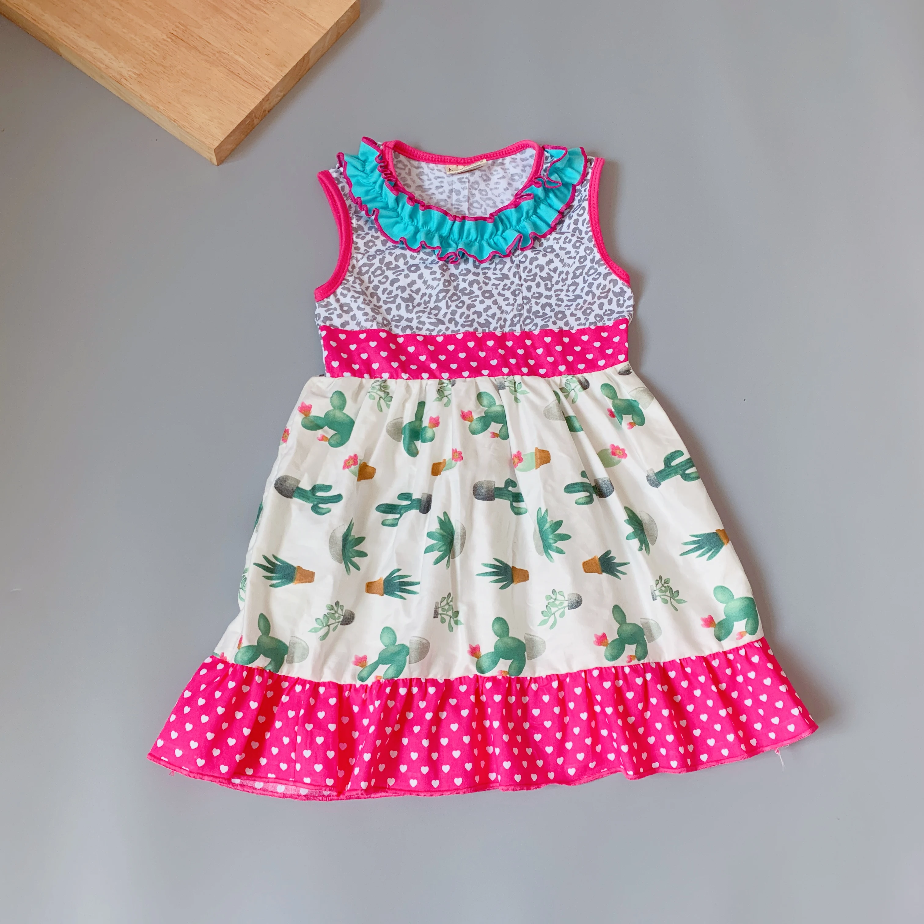 2019 New Girl Summer Leopard Print Top Cactus Pattern Frock