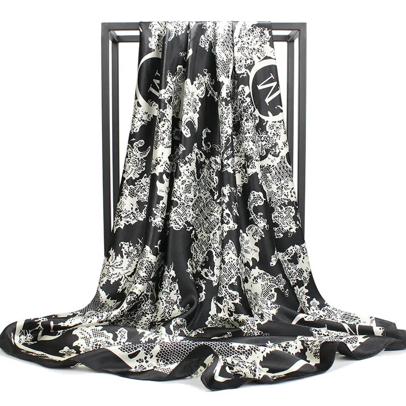 O CHUANG Fashion Silk Scarf Black Flower Print Large Luxury Brand Wraps Shawl Head Foulard Soie Square Women Scarves 90X90 - Цвет: C1